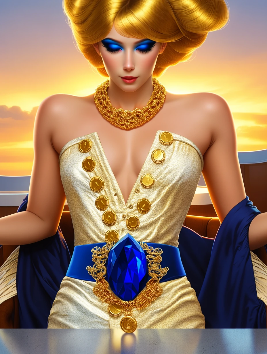 Luxury Rooftop Restaurant at sunset, Supermodel height and supermodel slender curves, Electric blue eyeshadow, Golden lustrous hair styled into a elaborate bun. Shimmering White & gold silk strapless bare shoulder button up dress the buttons resembli