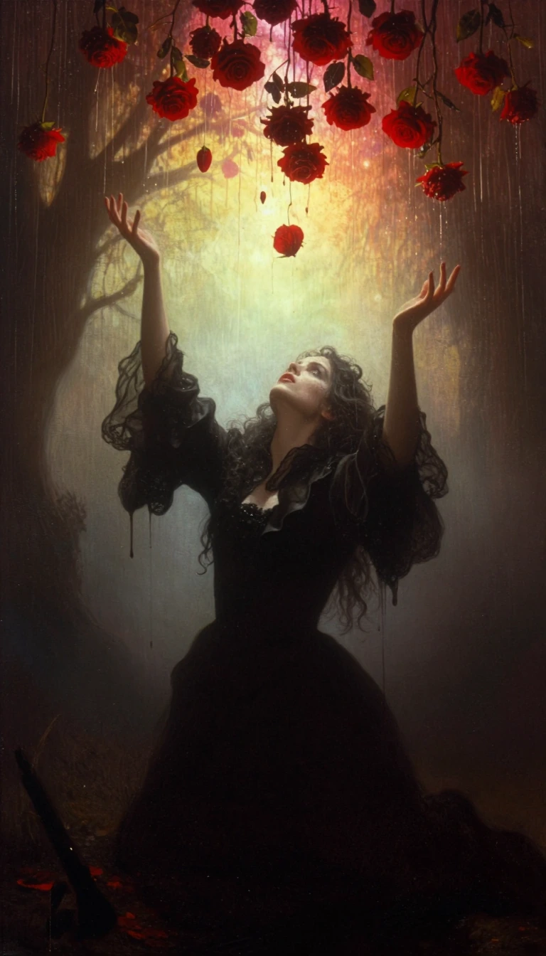 Art purifies our souls from the dust of everyday life... and it is from this reflection that we create a shocking, expressive and dark image in the spirit of Stephen King. A mysterious, dark Victorian Gothic woman kneels in a haunted dystopian landsc