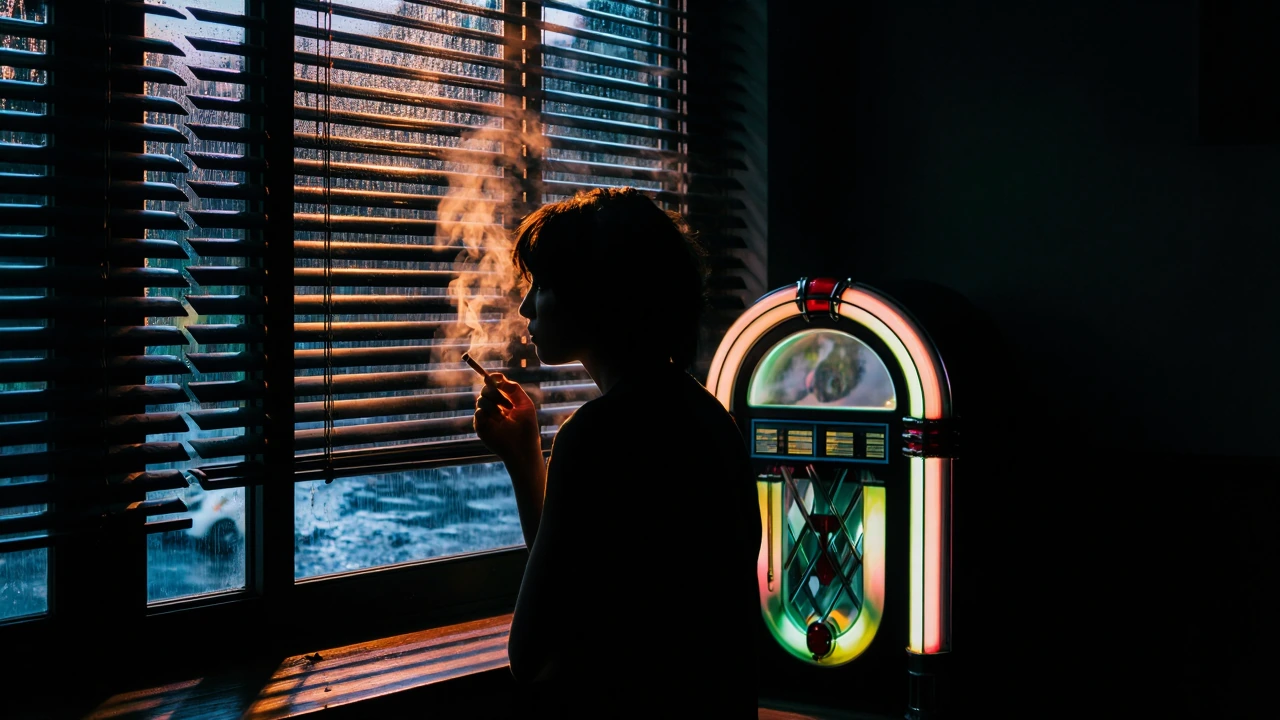 A lone figure silhouetted against a rain-streaked window at midnight, venetian blinds casting hard black bars across their face. Cigarette smoke drift