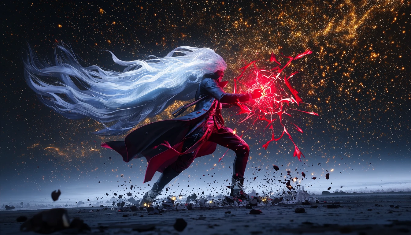# Ethereal Warrior A figure with flowing silver hair cascades dramatically against a starlit sky, their silhouette poised in mid-action. Dressed in a 