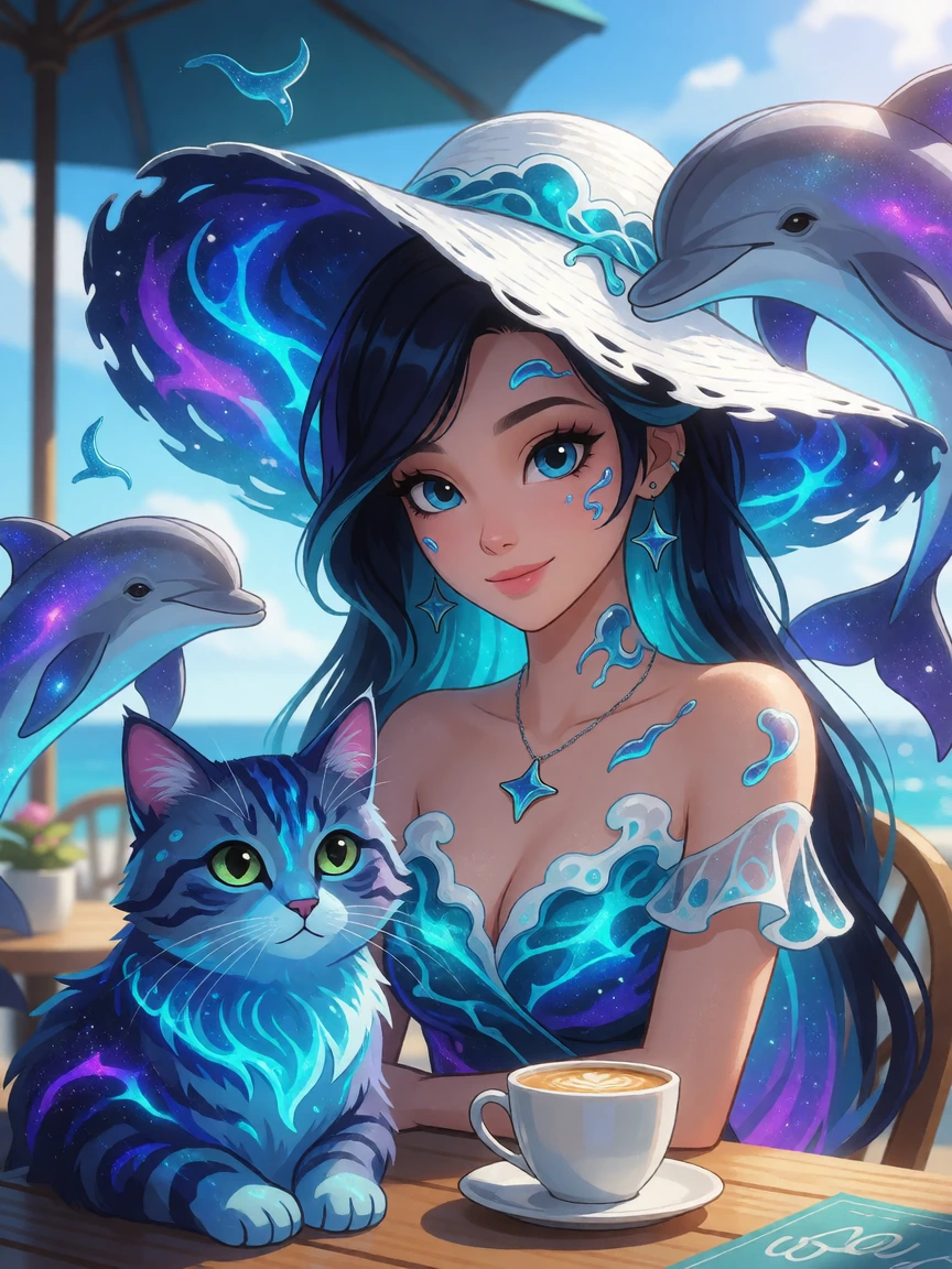 Ocean themed woman with an ocean themed cat, cosmic dolphins at a Oceanside Café