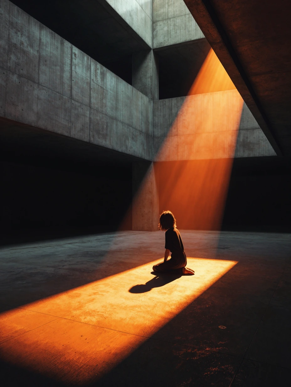 Film photography, deep shadows, melancholic. A lonely woman in a simple black dress sits in the vast emptiness of a brutalist concrete atrium. A singl