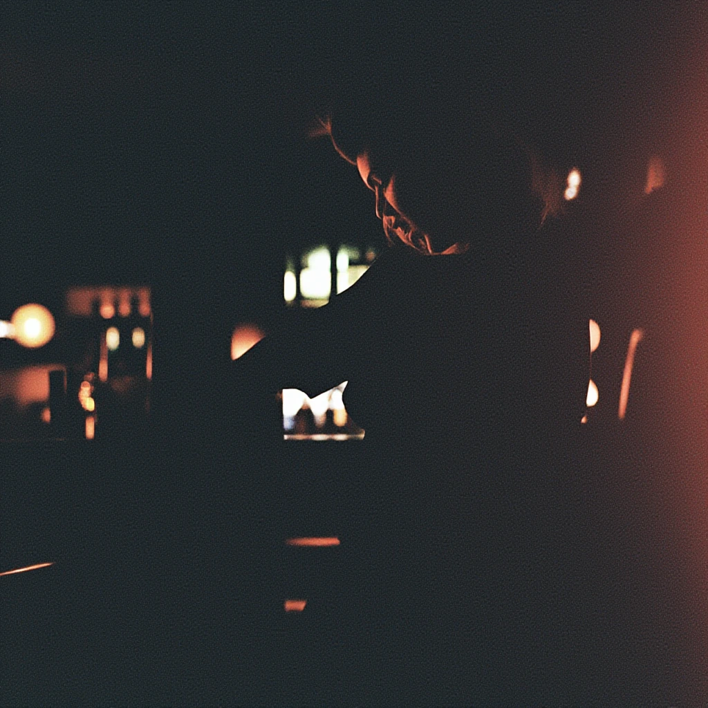 Portray a femme fatale sitting in a dimly lit bar as a still from a Neo-Noir film. Emphasize moody atmospheres with grainy textures and soft lighting.