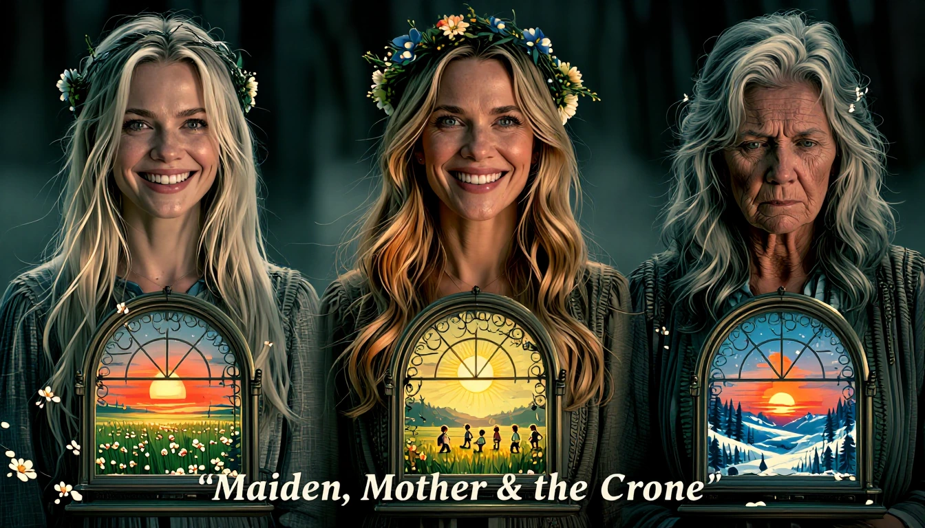 Title: "Maiden, Mother & the Crone" Three women: 1. Platinum-Blonde, young, mischievous grin her chest has a window showing a rising sun at dawn over a spring field. 2. honey blonde, middle-aged, caring, motherly, radiant smile, her chest has a windo