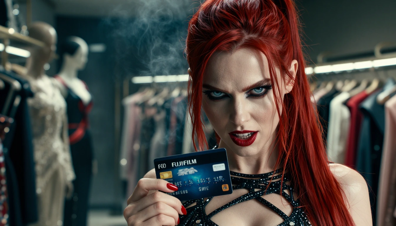Close up of a stunningly beautiful red haired woman with a severe high ponytail, unsettling jade eyes, a glittering cut-out dress, flawless milky skin, crimson lips, white slightly uneven teeth, savagely intense eye contact, jaw set in determination,