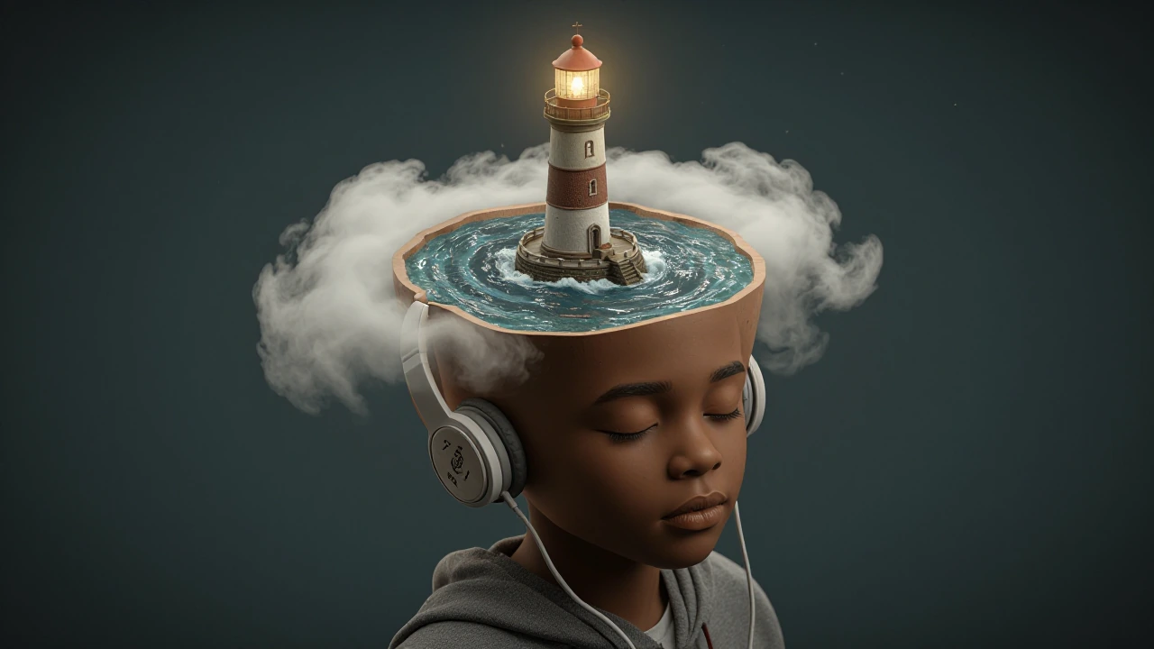 Isometric keyframe in a highly detailed realistic style with surreal elements. A young Black boy wearing white earpods is completely lost in the music, eyes gently closed with a peaceful, unaware expression. The top half of his head is cleanly cut op