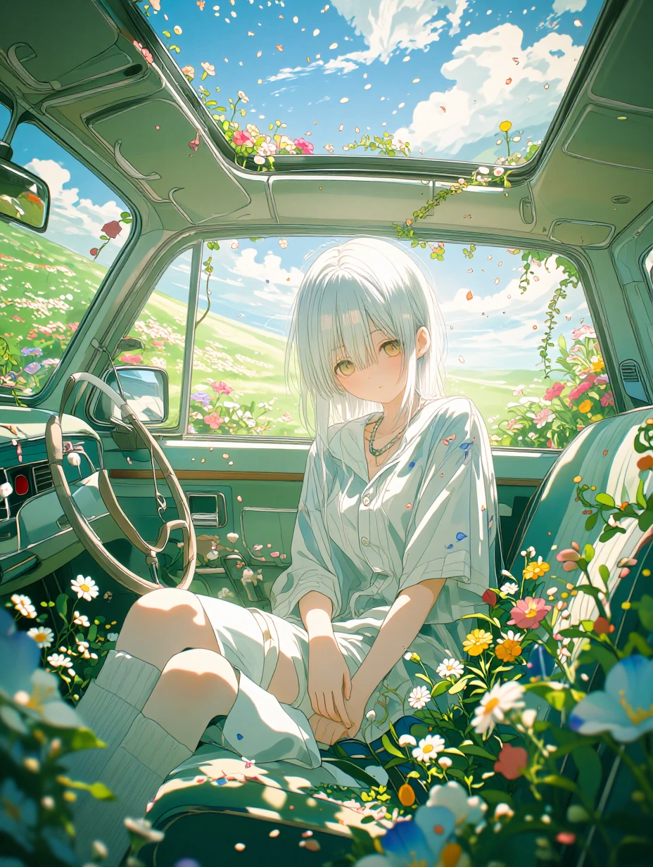 A stunning interior view of a vintage car overflowing with a lush, chaotic garden of vibrant wildflowers and winding green vines. Seated amidst the blossoms is a young girl with striking, waist-length white hair and a cool, composed expression. She i