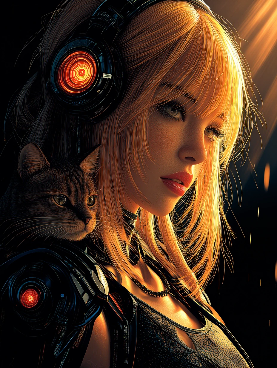 futuristic woman with a cat, surreal aesthetic, bright and edgy style, cinematic black backdrop, hyperreal 3D render
