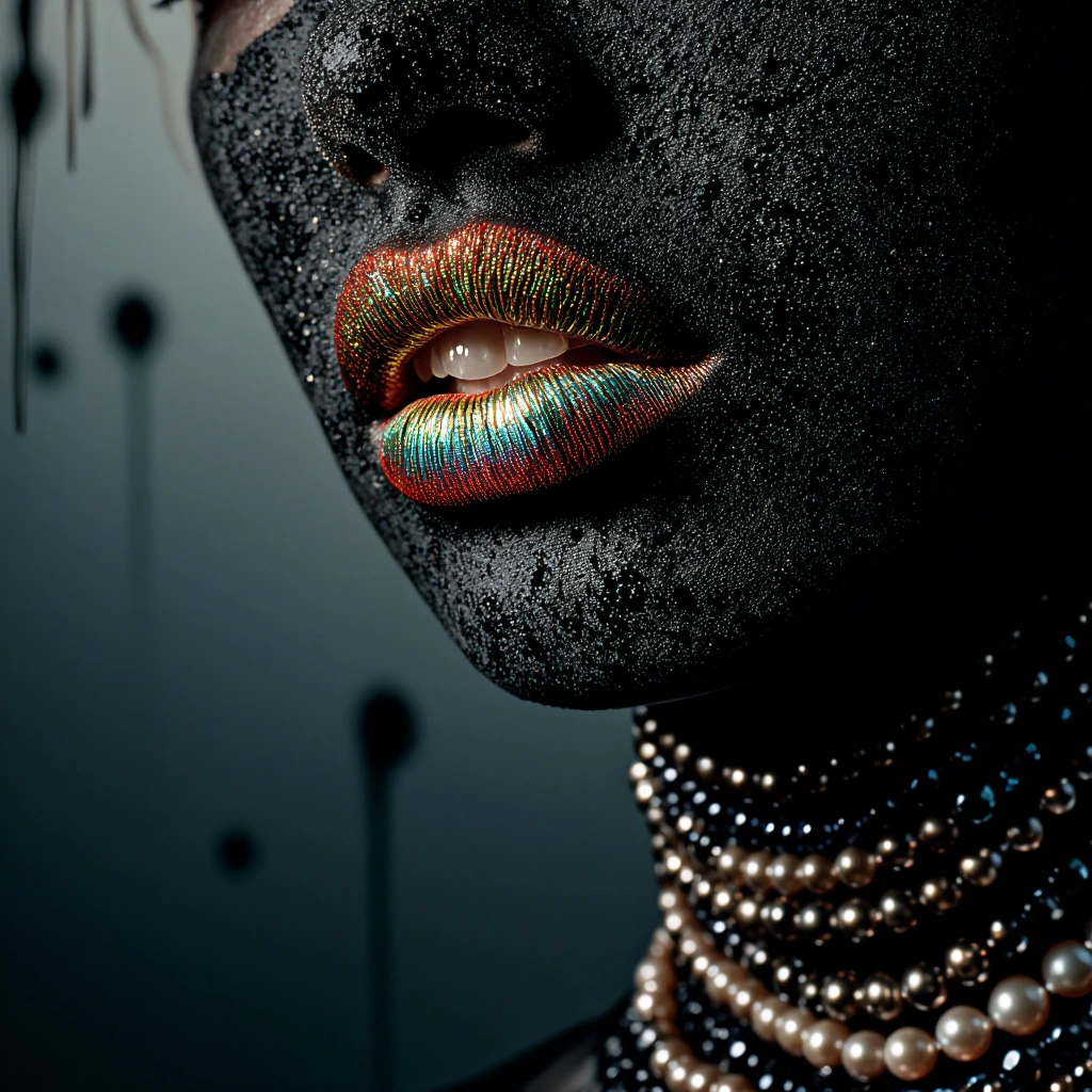 Main Subject: A chest-up portrait of a woman wearing a mask of "Deep Purple Velvet" that covers everything but her mouth. Her lips are painted with "I