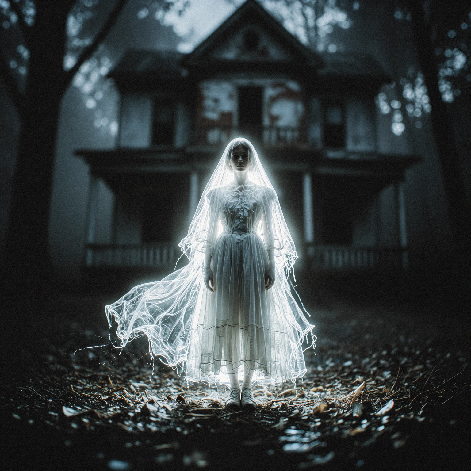 A spellbinding, cinematic photograph that captures the translucent, luminous ghost of a young woman dressed in a classic 1950s ball gown and a veil. She stands in the centre, prominently in the foreground, gazing straight ahead, her entire silhouette