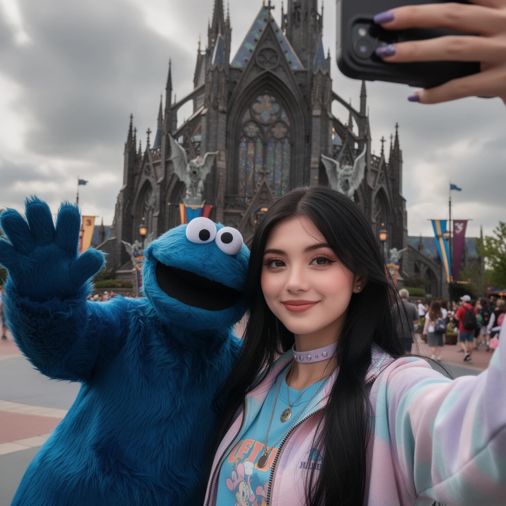 cute e-girl with black voluminous hair taking a candid selfie with cookie monster in front of the disney castle except the disney castle is gothic