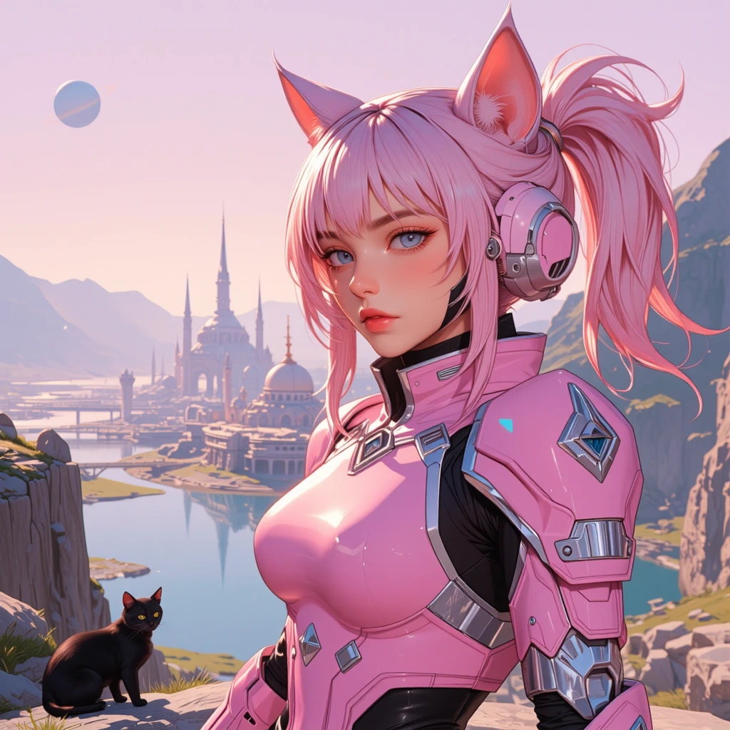 Beautiful pink mech girl. Armor with cat ears, cats, nearby, futuristic, alien city, planets, and stars, iridescent lake.