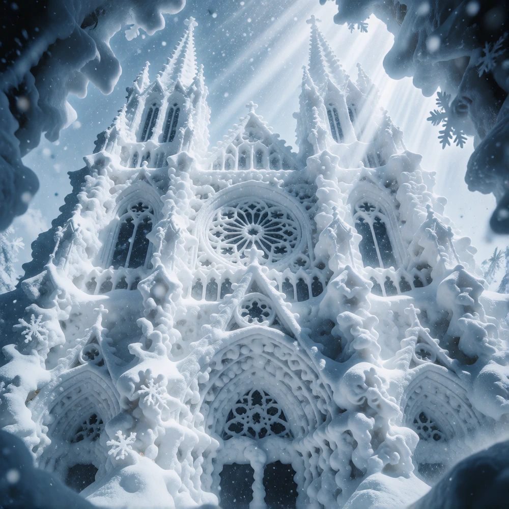 A gothic cathedral constructed entirely from cascading snowflakes mid-fall, each architectural element—flying buttresses, pointed arches, spires, rose