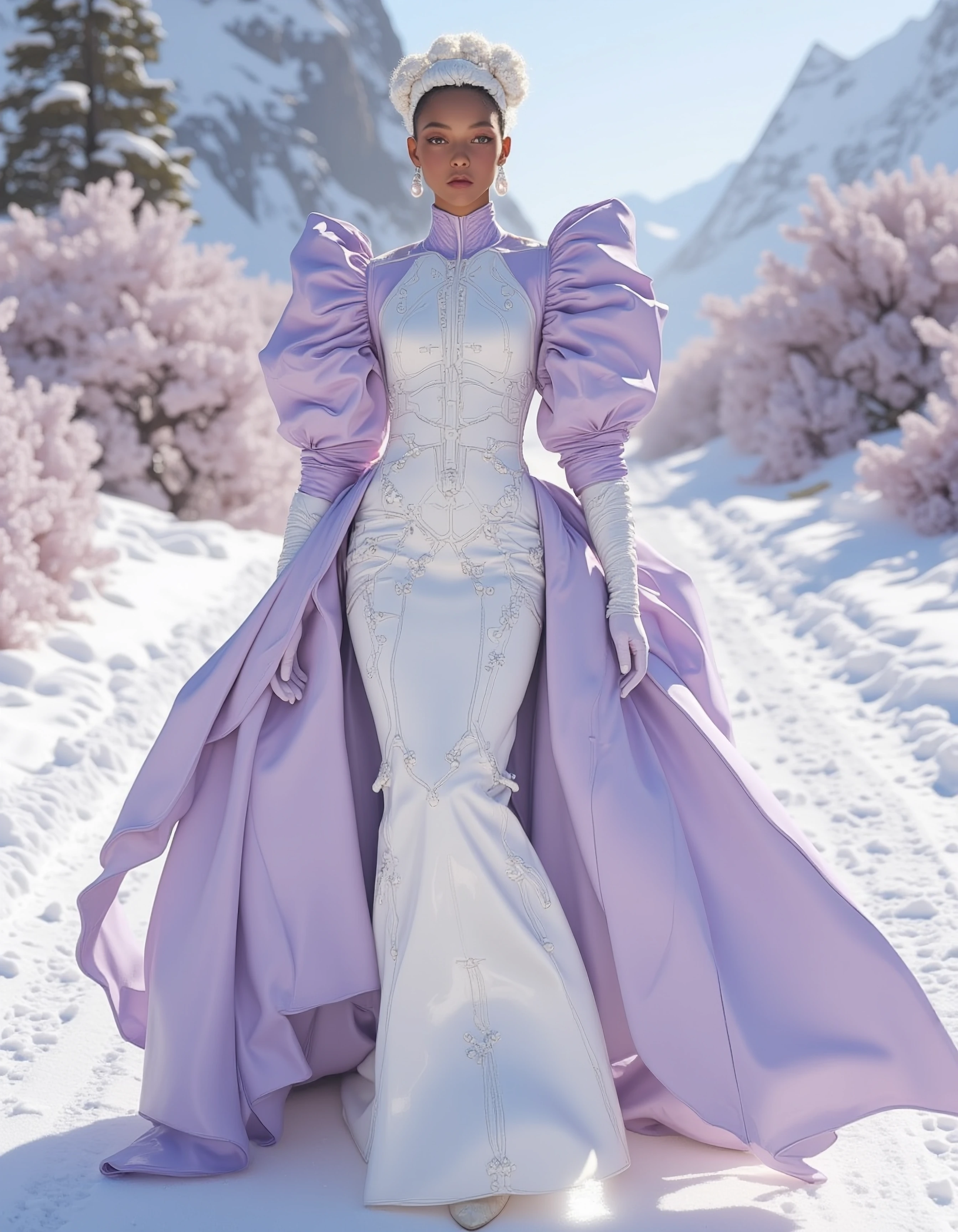 Photorealistic, full-body high-fashion editorial portrait, "Porcelain Lavender Couture." A stunning model in a sculptural, pearl, soft dove-grey, and royalpurple-white porcelain-accented couture gown, featuring lacquered silk and glazed satin with su