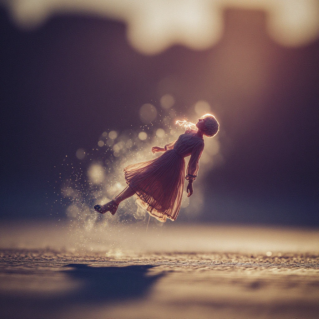 A solitary human figure suspended in liminal space, their body caught in the eternal transition between dawn and dusk, one half bathed in warm golden sunrise light while the other half dissolves into cool twilight mist, particles of their form scatte