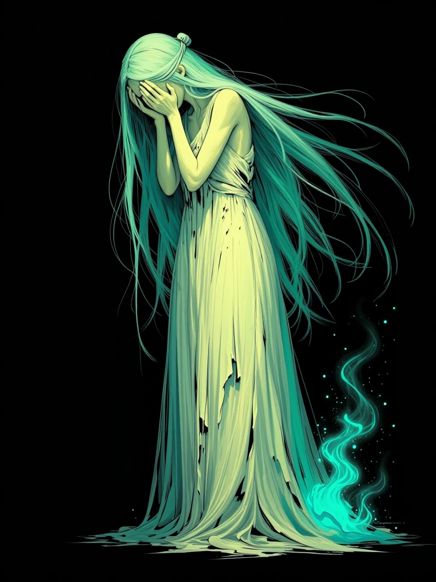 WZDRY. A ghostly feminine figure with pale yellowish green skin and no visible facial features, her face buried in her hands in an expression of sorrow or anguish. She has very long flowing teal and mint green hair that streams dramatically behind he