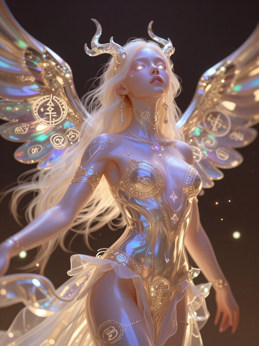 Ultra-realistic, 3D, UHD, 8K Image of an Interactive 3D Model of an Ethereal Goddess Design Details: Her presence radiates divine energy, exuding celestial grace and authority. Her glowing skin and eyes shimmer with ethereal ultraviolet light, drawin