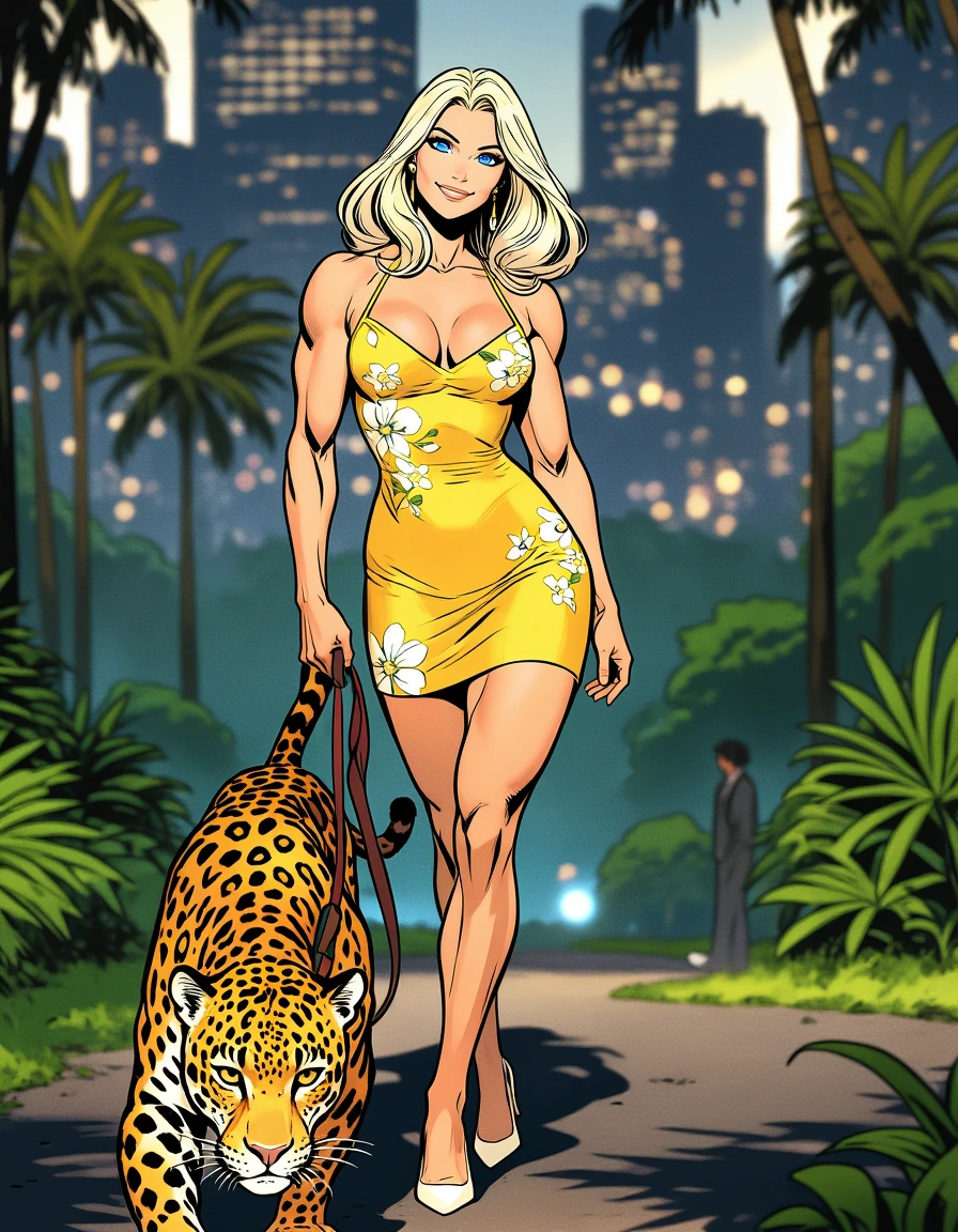 comic book muscular woman, sleek and powerful, elegant curves, heroic stance, detailed linework Regally beautiful face, striking blue eyes, champagne blonde hair cascading past her shoulders smiling serenely as she stands confidently in a beautiful c