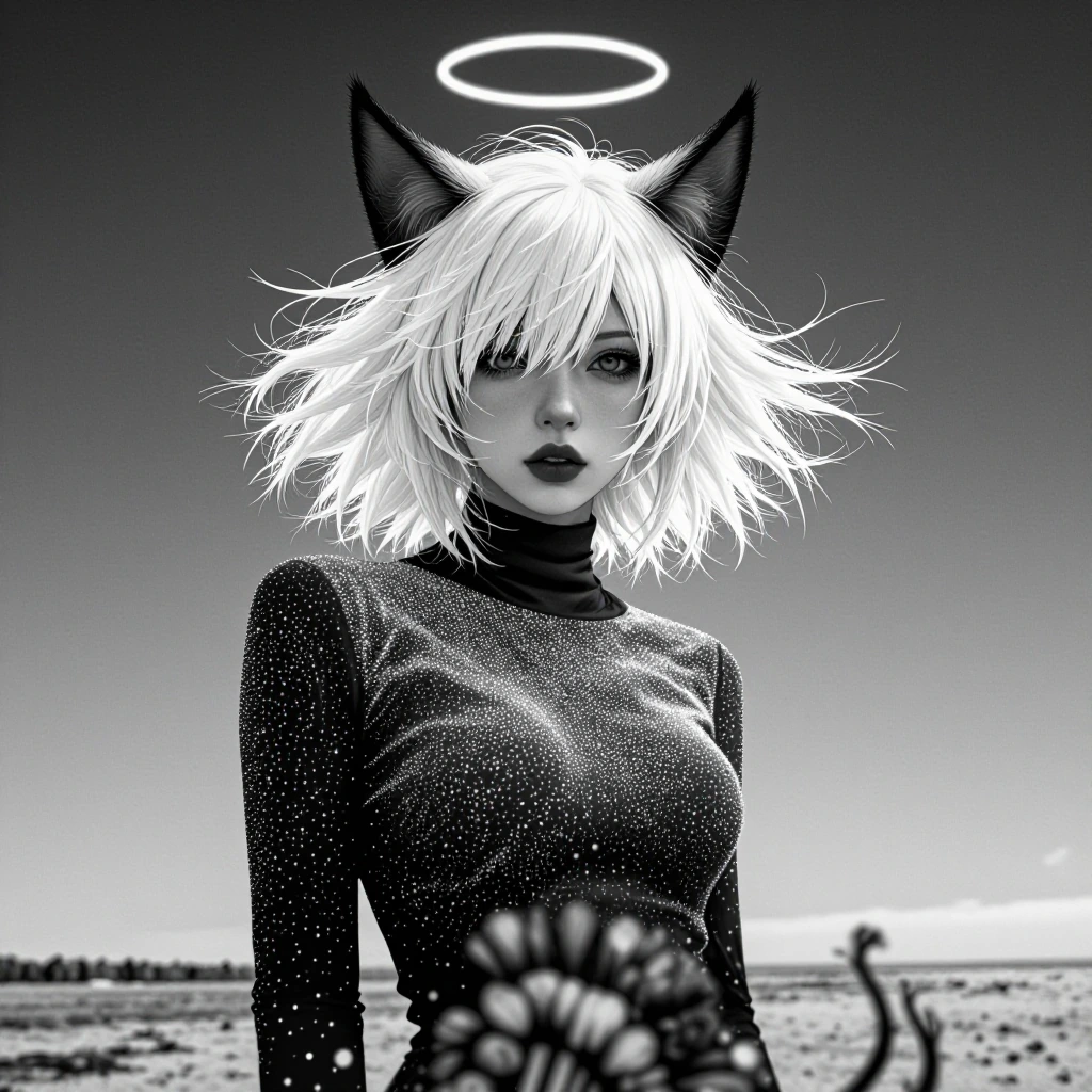 HDR, 8K, high contrast, masterpiece, best quality, amazing quality, very aesthetic, high resolution, ultra_detailed, clean shading, absurdres, very awa, newest, ariral, whiskers, alien ears, feline humanoid, abstract, 1girl, solo, looking at viewer,
