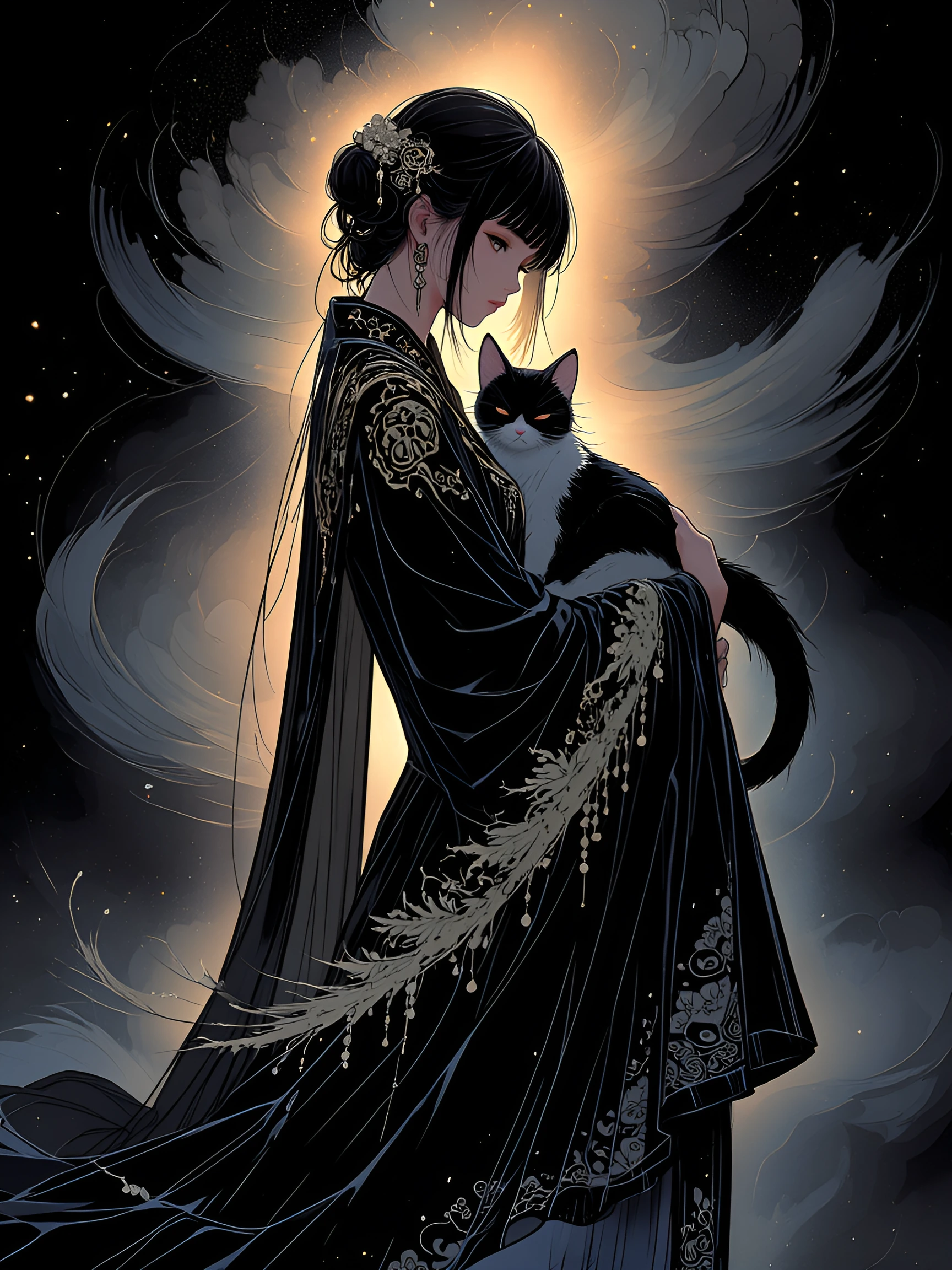 A woman and a cat in a romantic, artistic scene. Velvet textures draping elegantly around her, midnight blue and deep indigo tones with silver and cream accents. Delicate lace details adorning her clothing and the surrounding fabric, creating etherea