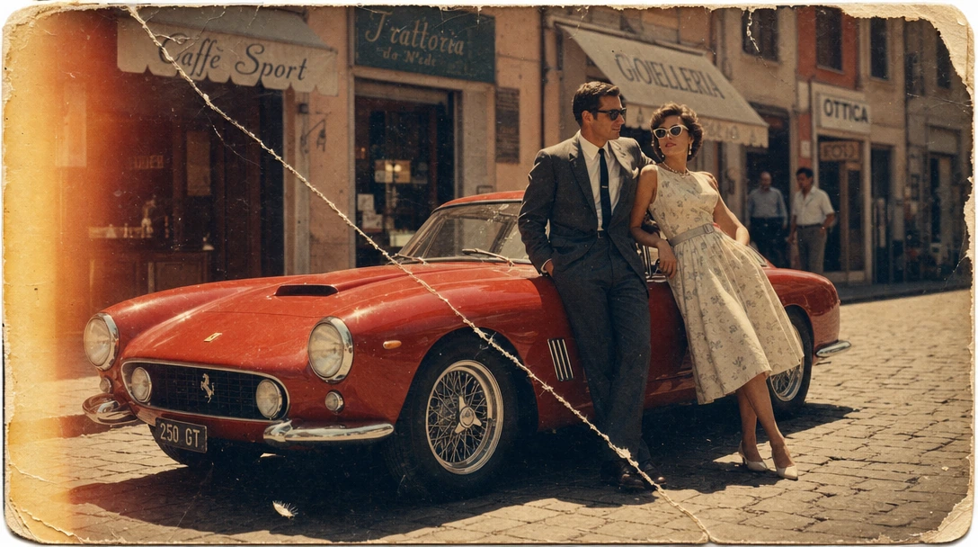 Capture a sun-faded 1960s color photograph of a classic Ferrari 250 GT parked along a cobblestone street, its rosso corsa red paint glowing with a soft, slightly bleached patina and warm yellow-orange color cast typical of aging Kodachrome film. Chro