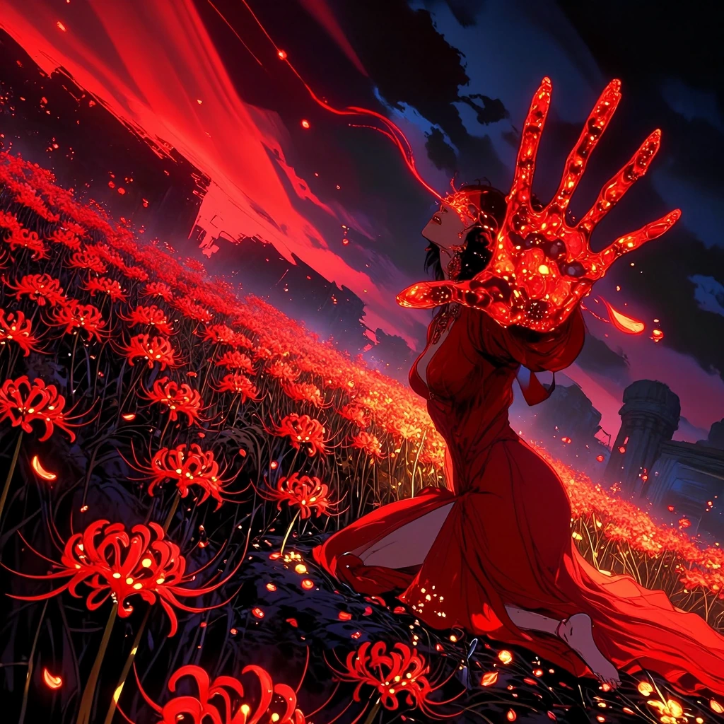 Masterpiece in the style of WLOP and Greg Rutkowski, epic sensual dark fantasy of vibrant ritualistic action, beautiful woman in flowing translucent red silk dress kneeling in a vast field of glowing blood-red spider lilies, her face partially obscur