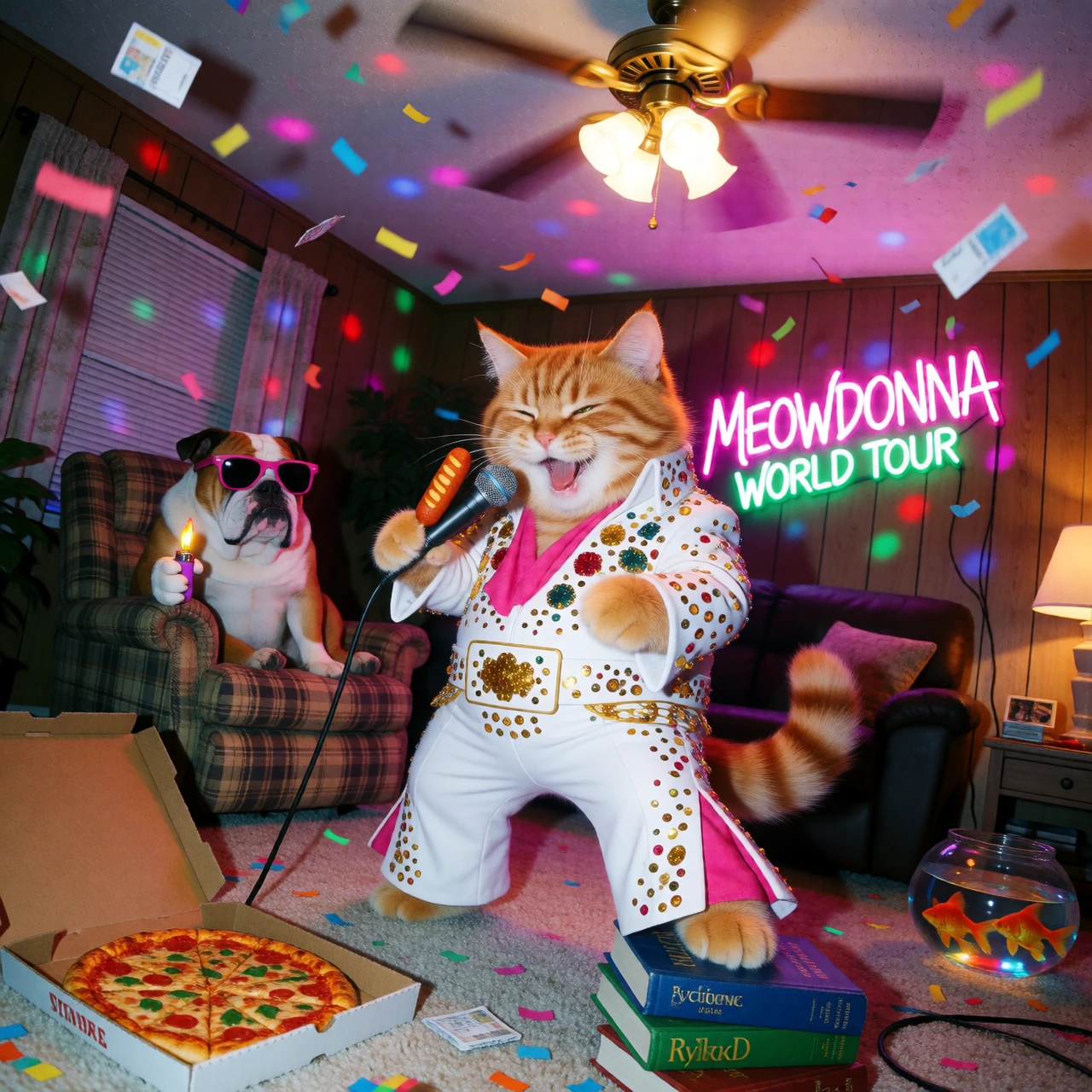 Capture a portly ginger tabby cat wearing a tiny sequined Elvis jumpsuit, mid-belt on a karaoke stage in a cramped suburban living room, gripping a corndog like a microphone with both paws. Its eyes are squeezed shut in dramatic passion, whiskers dri