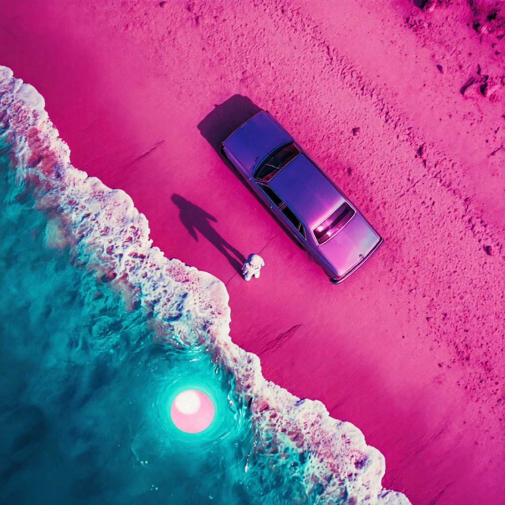 overhead aerial view looking straight down at a neon pink glowing shoreline where wet sand meets electric cyan ocean foam in an abstract diagonal composition, a vintage retro sedan viewed from directly above parked on the luminous sand casting a long