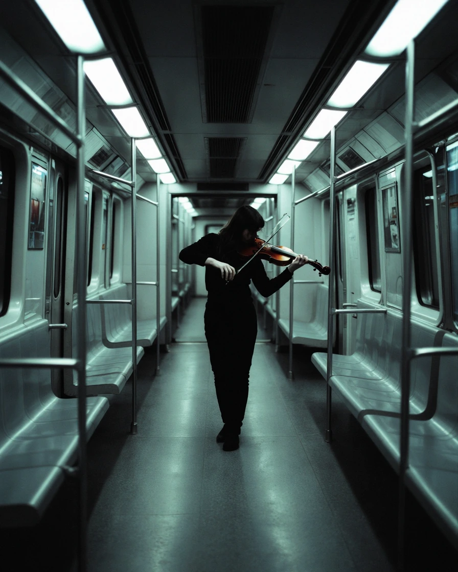 A solitary violinist in an austere empty subway carriage, rendered in mercurial fluorescent chiaroscuro with pronounced tenebrism, their form silhouetted mid-phrase and bent into the instrument. Composition articulated through perpendicular metal arm