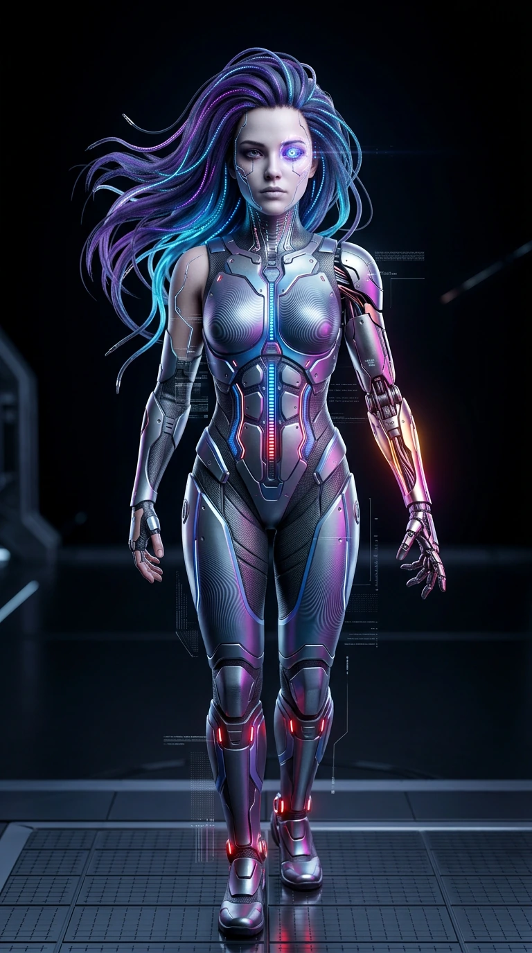 Create an ultra-realistic, full-body design of a stunning futuristic female cyborg, merging human and robotic aesthetics. Focus on intricate, captivat