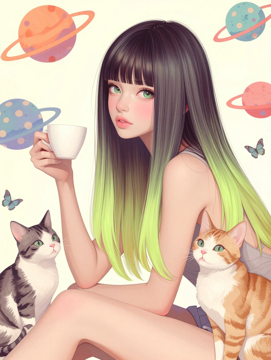 A beautiful woman with long straight ombre hair in springtime colors, sitting with two cats and a cup of coffee, colorful planets and butterflies floating overhead, watercolor manga style