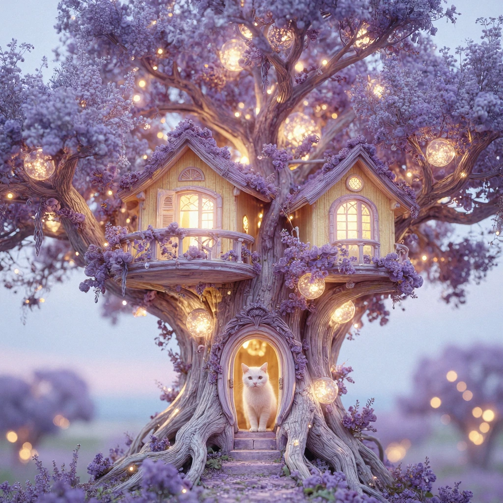Fantasy dwelling with lavender and golden-yellow architecture growing seamlessly from a bioluminescent tree, a curious white cat peering through a rou