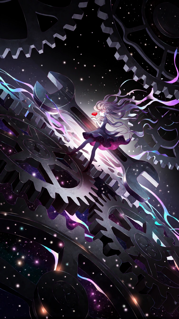 a tiny chaotic goddess mechanic, impossibly small against towering cosmic machinery, actively wrenching apart the gears of the universe. she's mid-leverage on a massive wrench, muscles straining as she cranks it the wrong direction, jamming a planeta