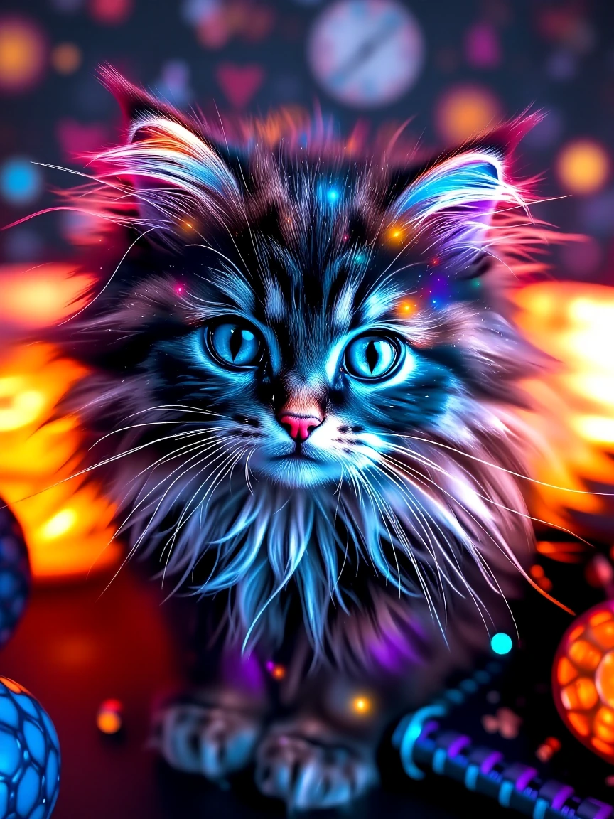 Beautiful fluffy cat with fur that has a galaxy design