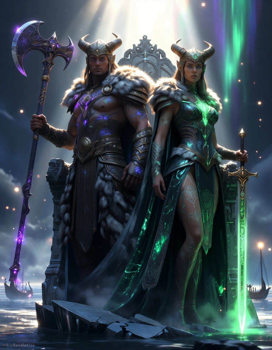 A Primordial Berserker Sovereign and Primordial Valkyrie Berserker Sovereign standing powerfully side-by-side atop a shattered iceberg throne as divine equals — the towering muscular Viking warrior (embodiment of primal ferocity and wisdom, king of t