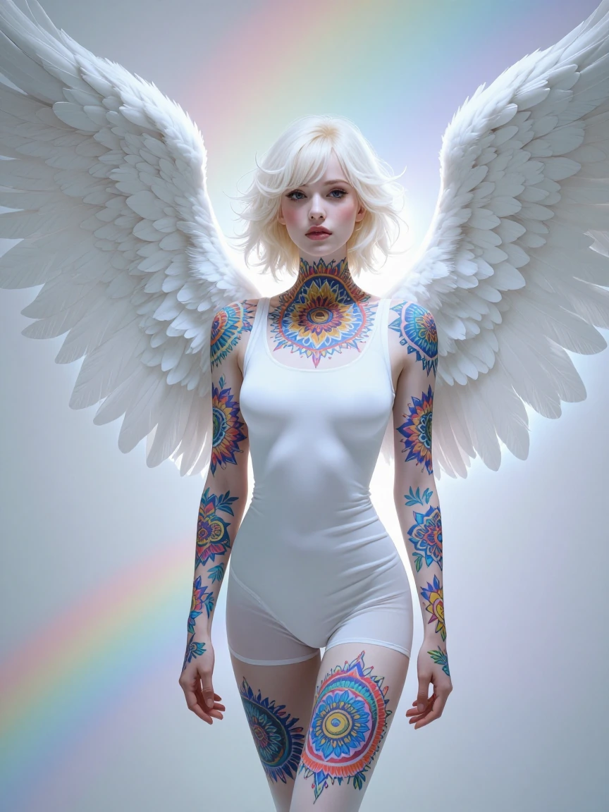 Ethereal angel with platinum blonde hair, ornate colorful mandala tattoos covering body, massive white feathered wings, wearing white fitted outfit, s
