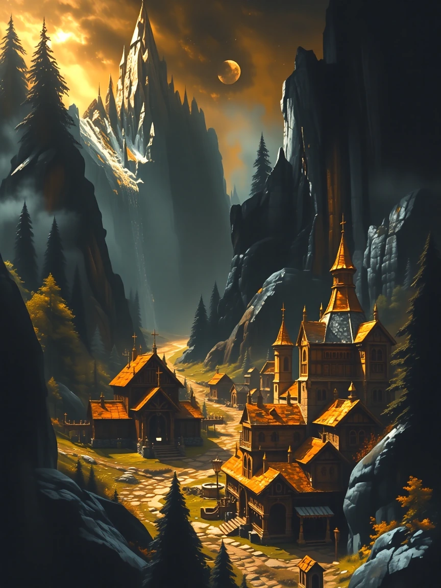 A giant black canvas with a gold forest small town with a pathways to the stormwind inspired kingdom. The town is goldshire inspired