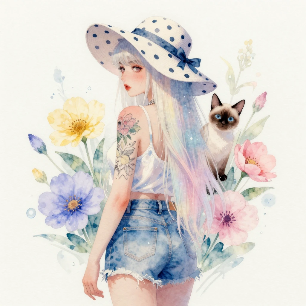 tattoo woman with Siamese cat, platinum pastel long straight hair, big Polkadot hat and outfit, water, soft cinematic rendering, pastel flowers blue, yellow, pink, lavender, jean cutoffs, high stylization