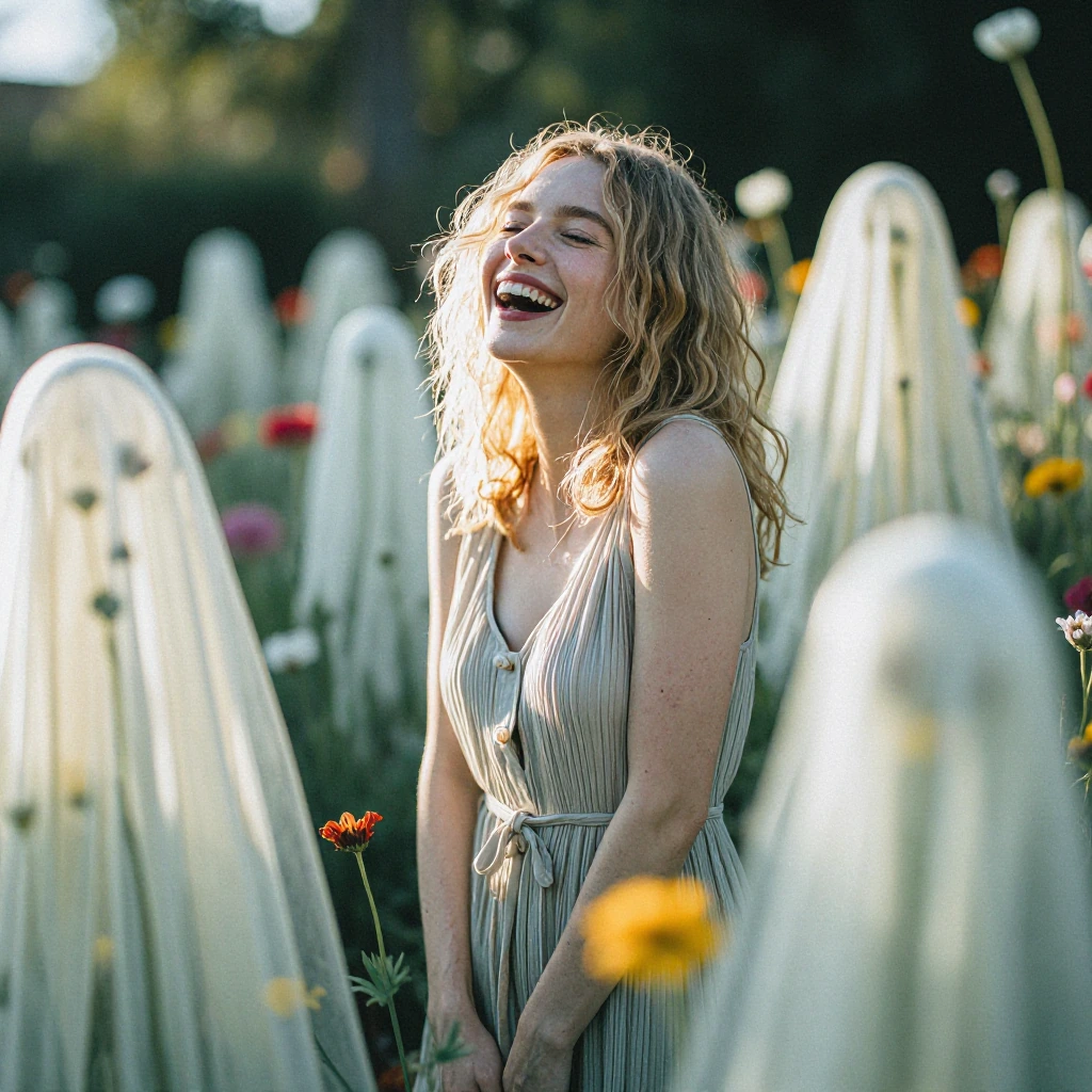 A radiant woman in a sundress laughing in a sunlit garden surrounded by translucent glowing ghost figures that shimmer with soft pastel colors, golden hour lighting, vibrant flowers blooming around her