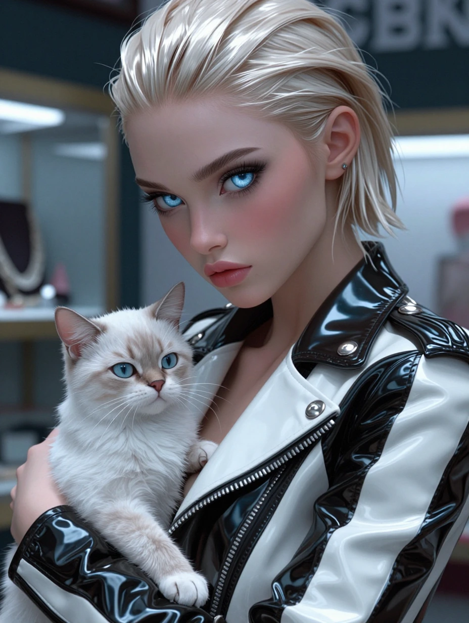 Close of a model and her cat, her face with piercing icy blue eyes that reflect light like crystals, slicked platinum blonde hair with a glossy finish