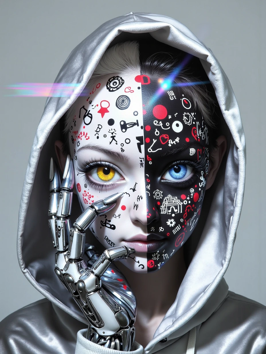 A close-up of a face adorned with intricate black and red patterns. The left side of the face is predominantly white, with symbols and doodles, while the right side is dark, featuring mechanical elements. The eye on the left is a striking shade of ye