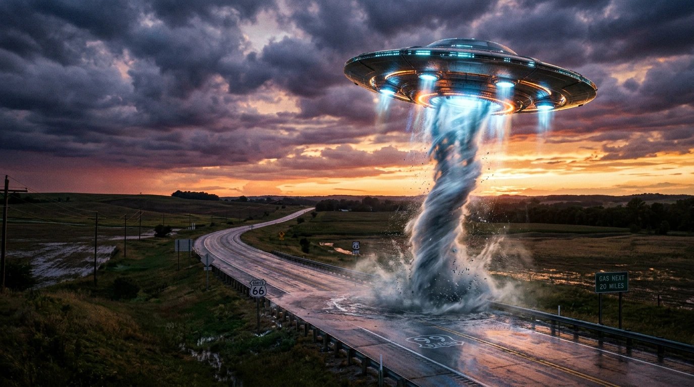 rain falling upward over an empty highway; On an evening around sunset after a summer storm has soaked the area. A flying UFO travels above a 1950's highway, it's anti-gravity flight wake sucking rainwater from the highway giving the impression of ra
