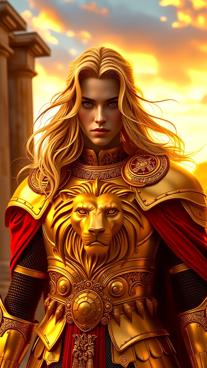 An extremely charming and charismatic zodiac knight, with long golden hair blowing in the wind and a proud, intense gaze, wears majestic golden armor 