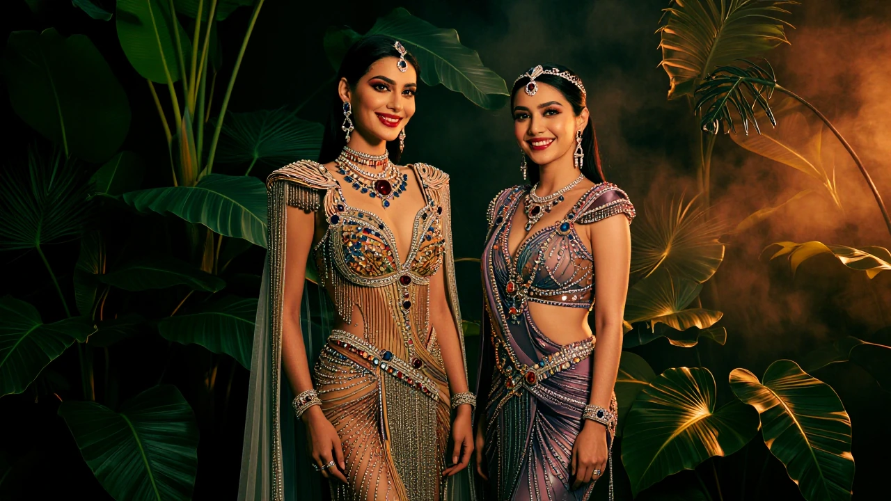 Two women stand side by side, smiling and posing for a photograph in elaborate, colourful gowns adorned with sparkling gemstones and intricate patterns, set against a lush tropical background with large green leaves.