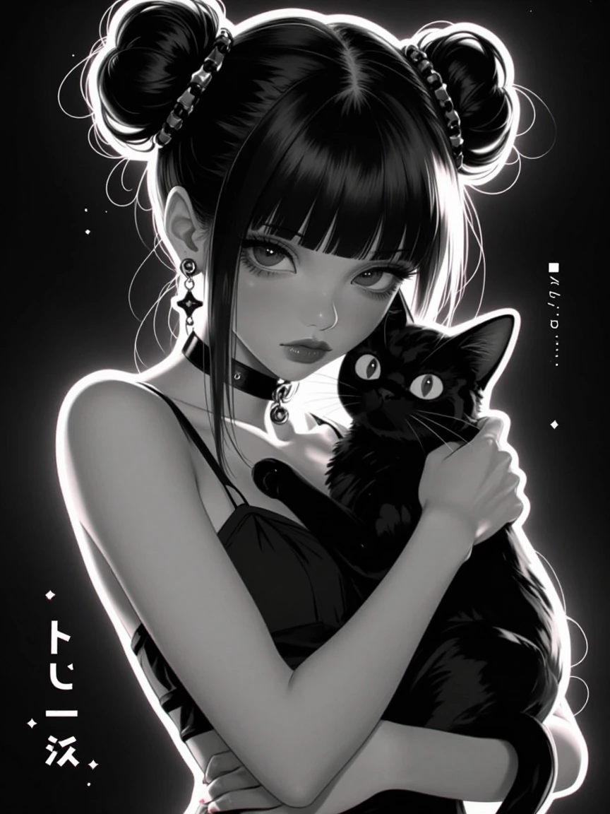 Anime girl with twin buns and bangs holding black cat, high contrast black and white illustration, neon glow effects, cyberpunk aesthetic, dramatic rim lighting, dark background, manga art style, ethereal and mysterious atmosphere