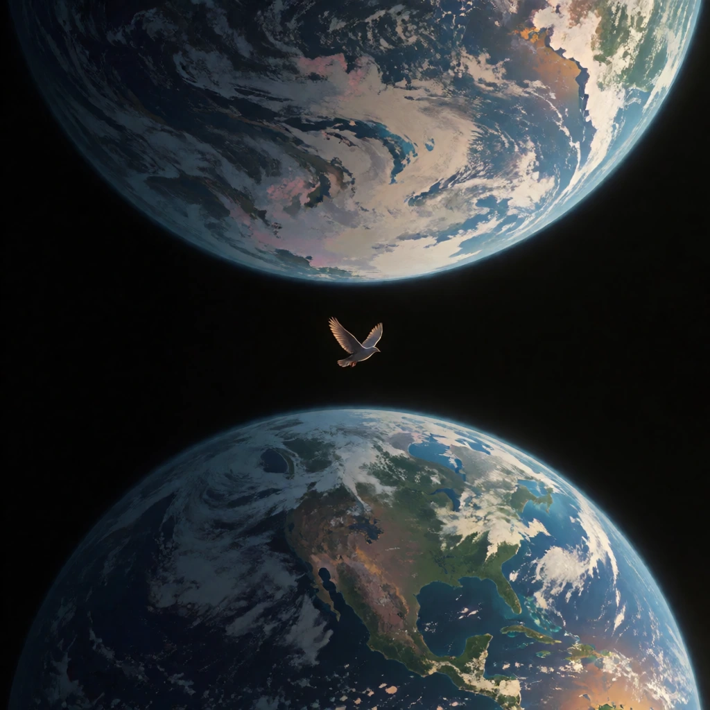 Two identical Earths suspended vertically in black space, upper Earth oriented normally, lower Earth inverted directly beneath it as a perfect mirror—both rendered in photorealistic satellite detail with cloud formations and sun-glint on oceans. A si