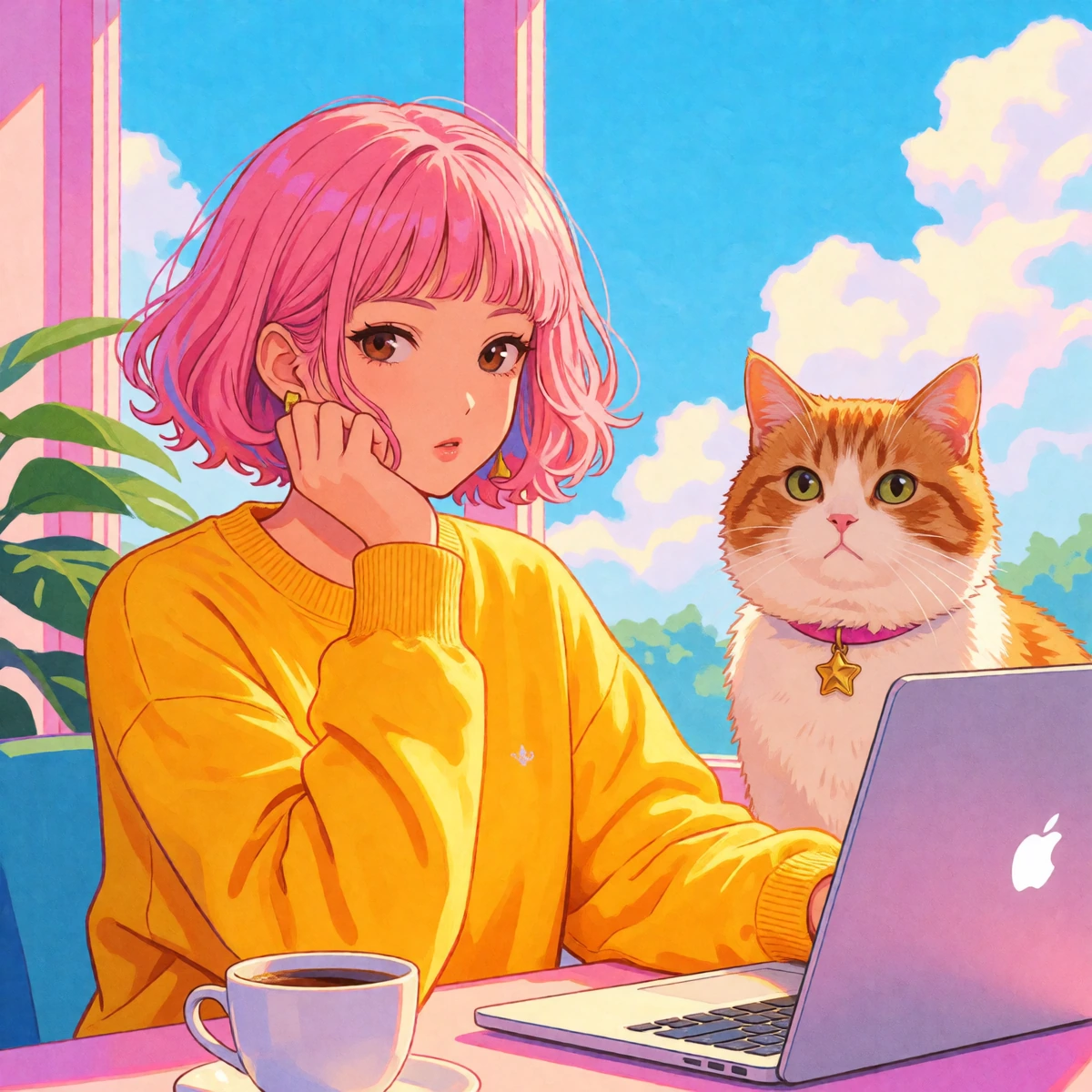 Woman outlined 90s accents neon yellow one half neon pink Bob hair with a cat wearing a neon collar. Coffee, laptop, window, sunny exaggerated day. Airbrushed manga photo style.