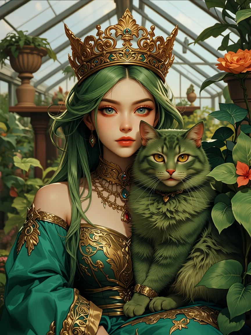 Beautiful greenhouse Empress with her green cat. Plantpunk
