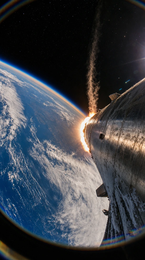 Capture a side-mounted rocket camera view during ascent, looking back down at Earth's curved horizon far below. Show the massive booster engines still firing, bright orange-white thruster flames roaring against the blackness of space, exhaust trailin