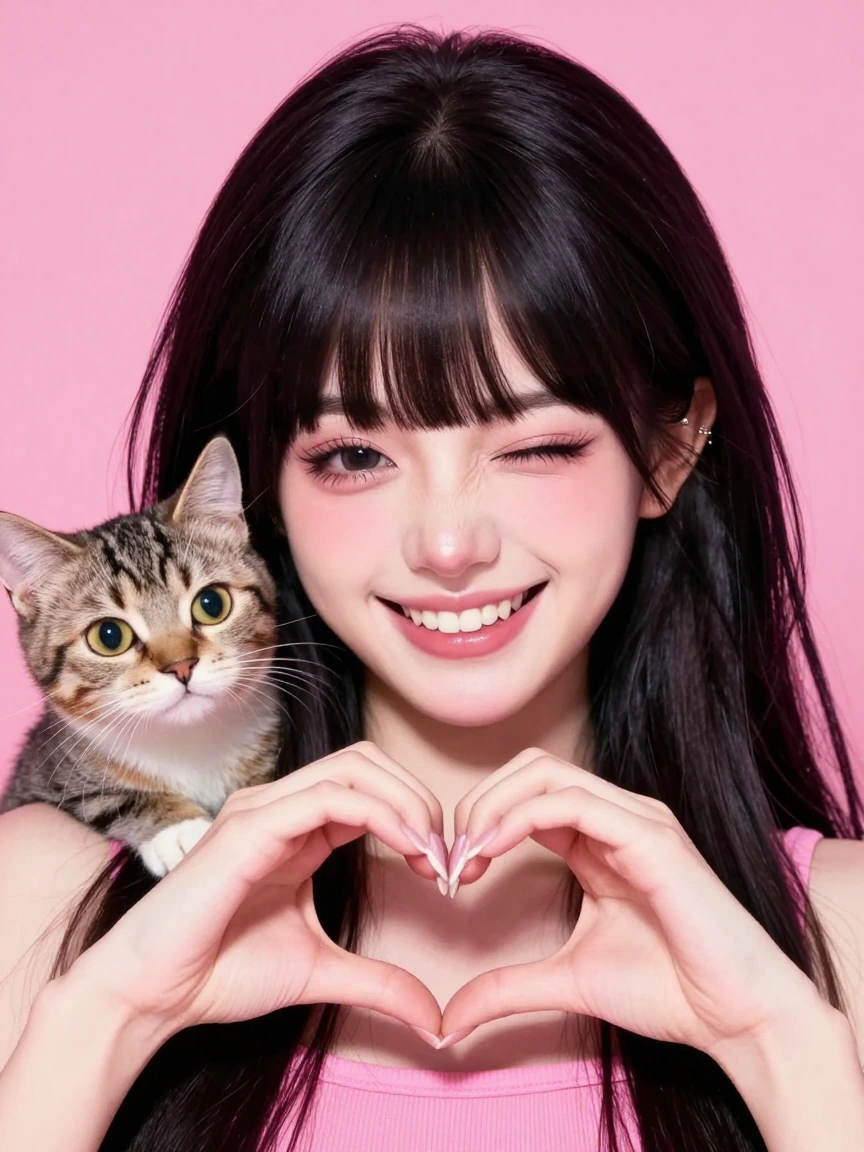 Overly happy anime woman, sharp pointed incisor teeth, long spiky hair, cat on shoulder, pink background, close-up, making a heart with her hands, wink
